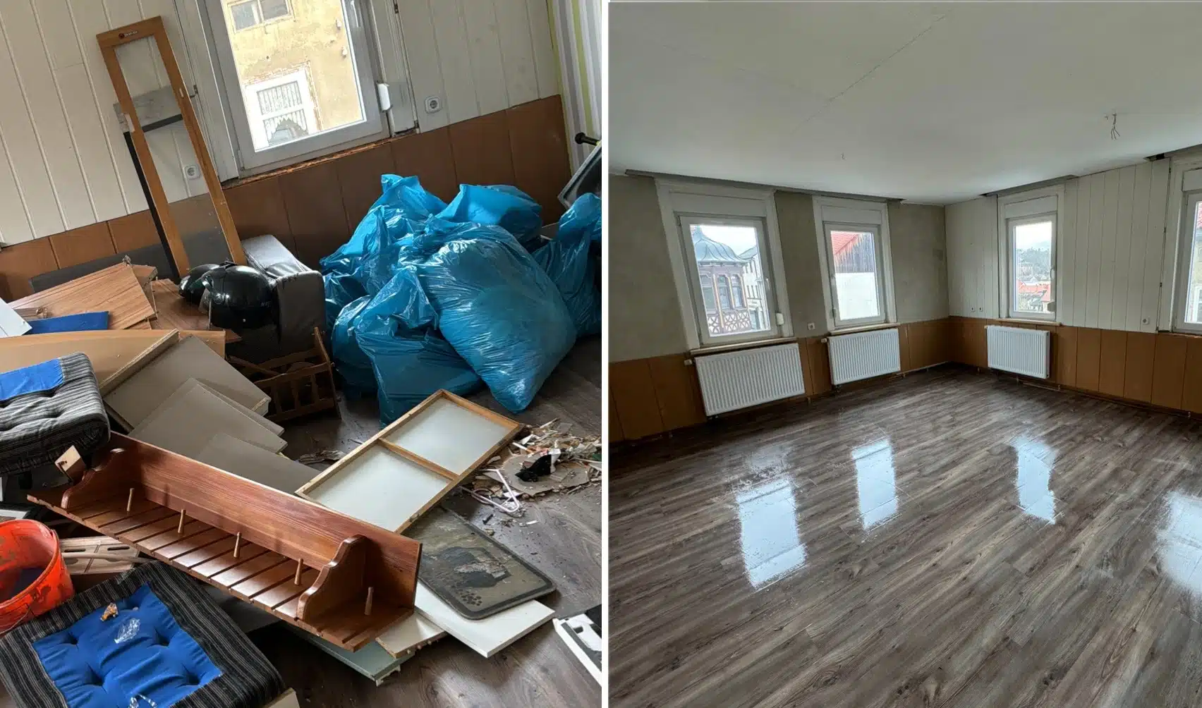 Entrümpelungen mera Dienstleistungen Pößneck Vorher-Nachher-Vergleich einer Wohnungsentrümpelung durch mera Dienstleistungen aus Pößneck